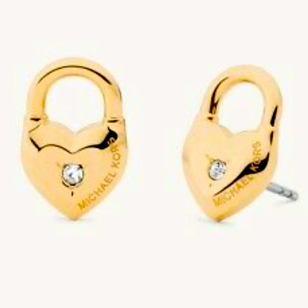 New Michael Kors Logo Heart Padlock Stud Earrings - Picture 6 of 11
